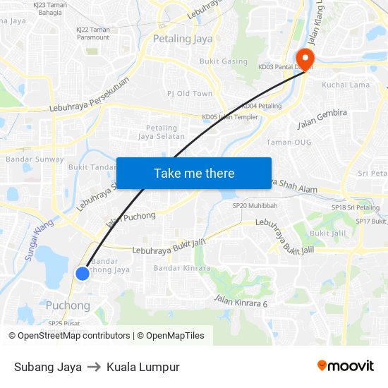 Subang Jaya to Kuala Lumpur map