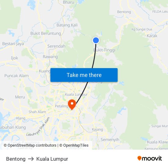 Bentong to Kuala Lumpur map