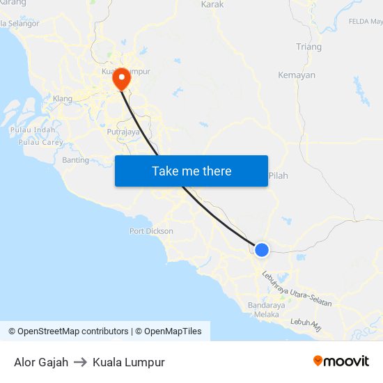 Alor Gajah to Kuala Lumpur map