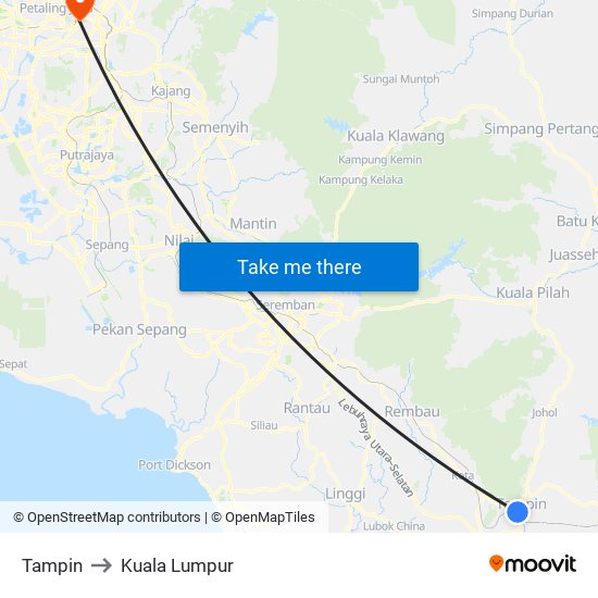 Tampin to Kuala Lumpur map