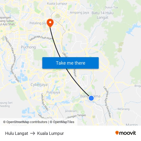 Hulu Langat to Kuala Lumpur map