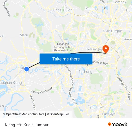 Klang to Kuala Lumpur map