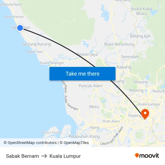 Sabak Bernam to Kuala Lumpur map