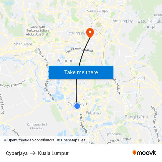 Cyberjaya to Kuala Lumpur map