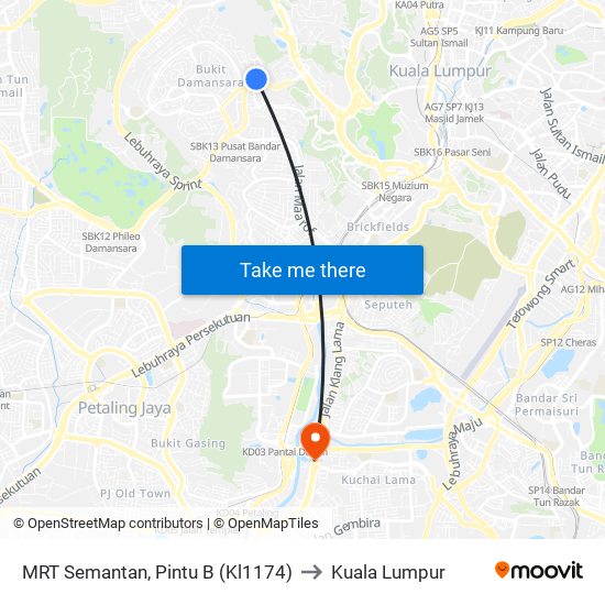 MRT Semantan, Pintu B (Kl1174) to Kuala Lumpur map
