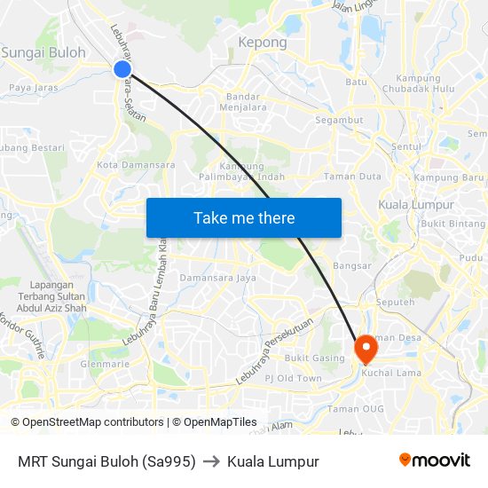 MRT Sungai Buloh (Sa995) to Kuala Lumpur map