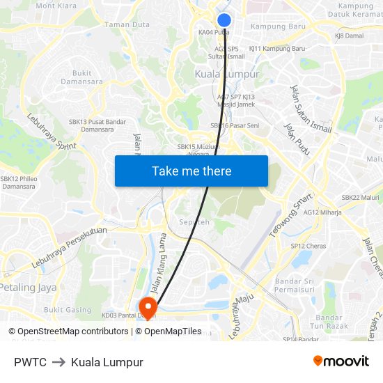 PWTC to Kuala Lumpur map