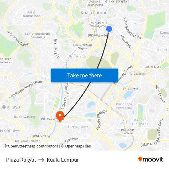 Plaza Rakyat to Kuala Lumpur map
