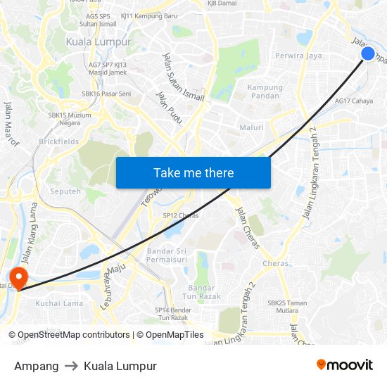 Ampang to Kuala Lumpur map