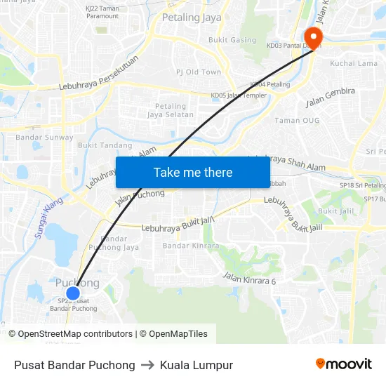 Pusat Bandar Puchong to Kuala Lumpur map
