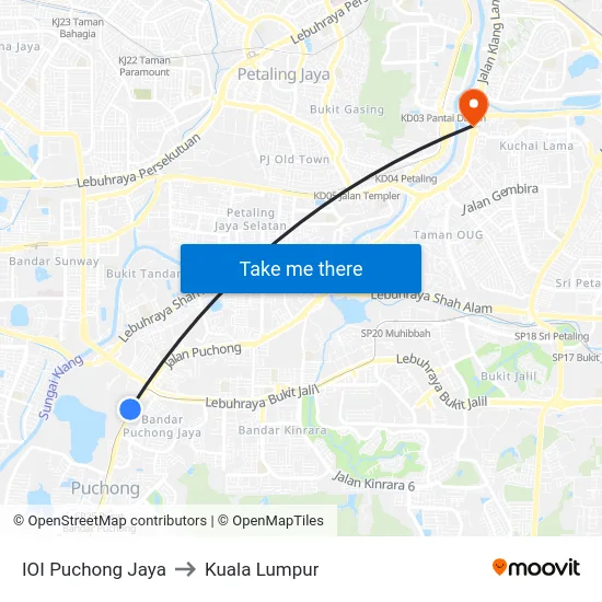 IOI Puchong Jaya to Kuala Lumpur map
