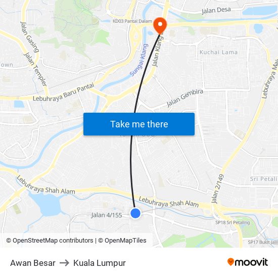 Awan Besar to Kuala Lumpur map