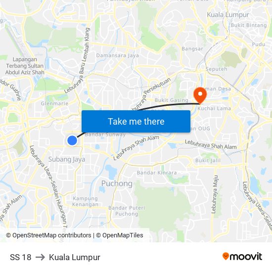 SS 18 to Kuala Lumpur map