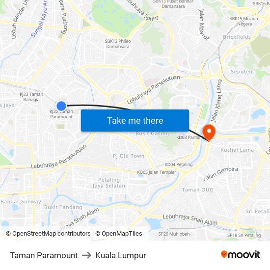 Taman Paramount to Kuala Lumpur map
