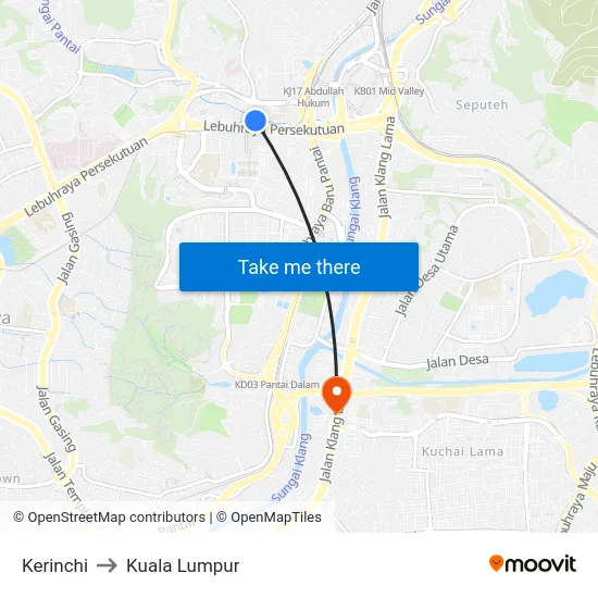 Kerinchi to Kuala Lumpur map