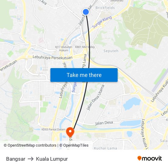 Bangsar to Kuala Lumpur map