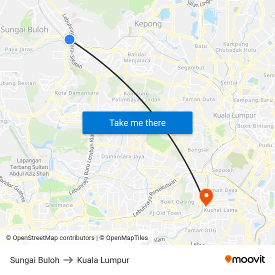 Sungai Buloh to Kuala Lumpur map