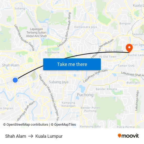 Shah Alam to Kuala Lumpur map