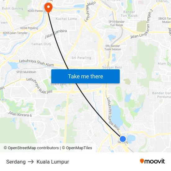 Serdang to Kuala Lumpur map