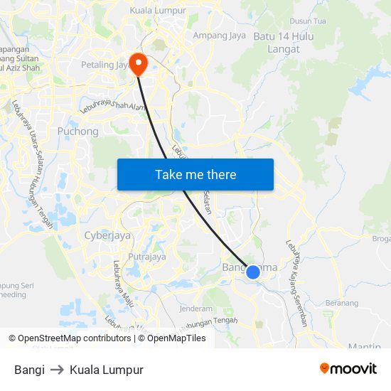 Bangi to Kuala Lumpur map