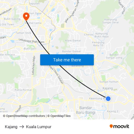 Kajang to Kuala Lumpur map