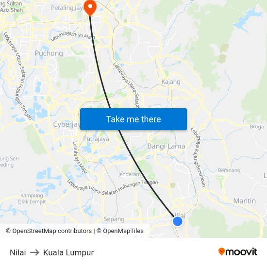 Nilai to Kuala Lumpur map