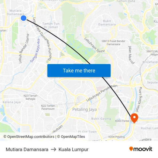Mutiara Damansara to Kuala Lumpur map