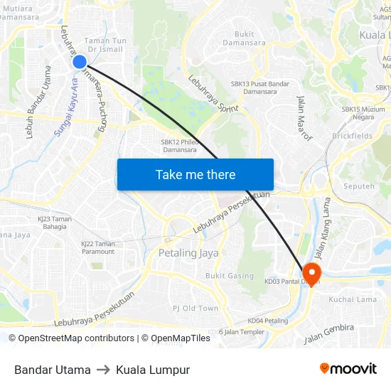 Bandar Utama to Kuala Lumpur map