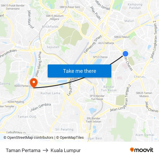 Taman Pertama to Kuala Lumpur map