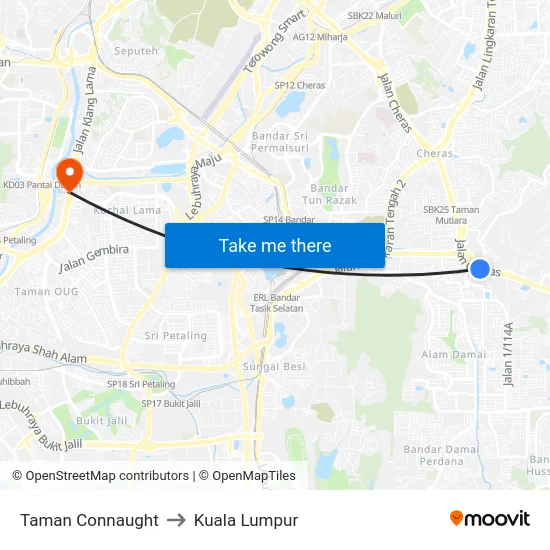 Taman Connaught to Kuala Lumpur map