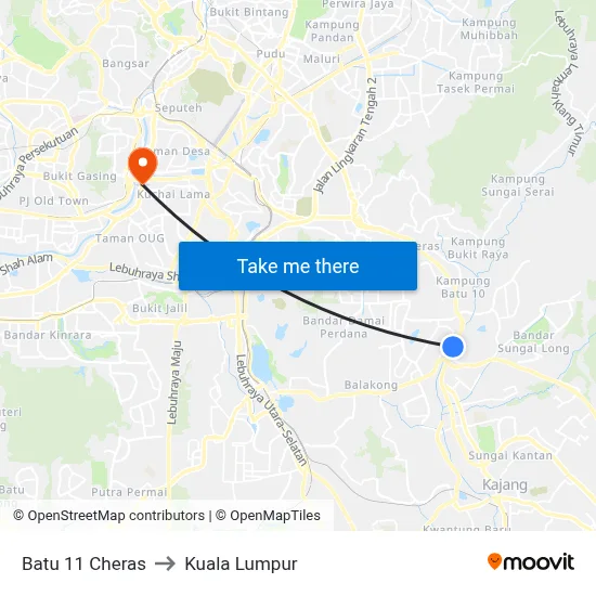 Batu 11 Cheras to Kuala Lumpur map