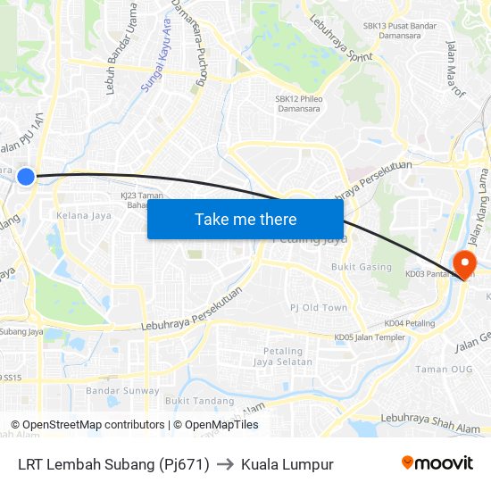 LRT Lembah Subang (Pj671) to Kuala Lumpur map