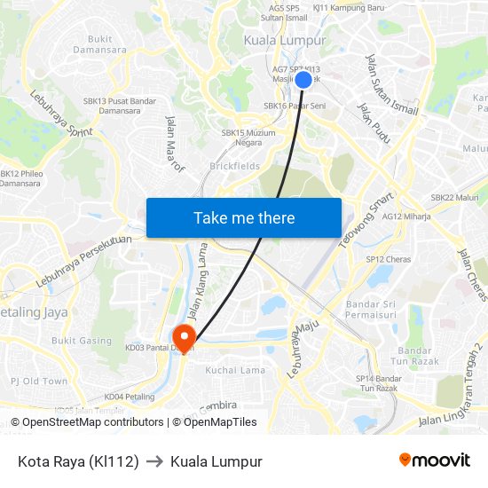 Kota Raya (Kl112) to Kuala Lumpur map