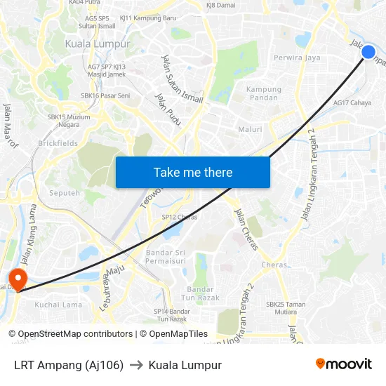LRT Ampang (Aj106) to Kuala Lumpur map