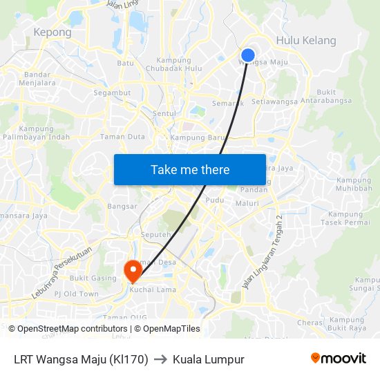 LRT Wangsa Maju (Kl170) to Kuala Lumpur map