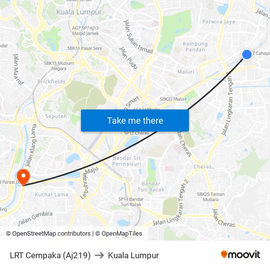 LRT Cempaka (Aj219) to Kuala Lumpur map