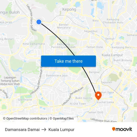 Damansara Damai to Kuala Lumpur map