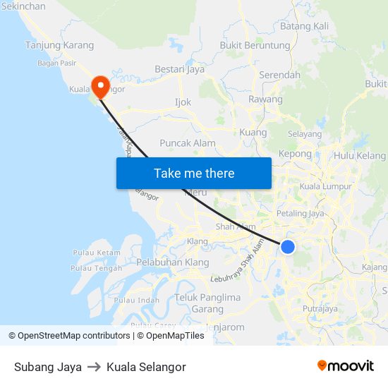 Subang Jaya to Kuala Selangor map