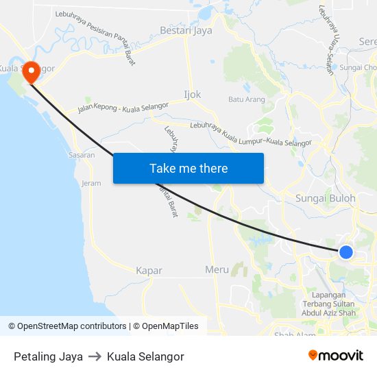 Petaling Jaya to Kuala Selangor map