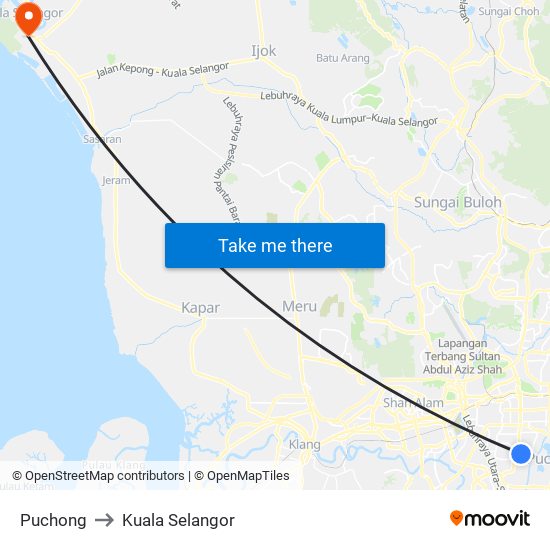 Puchong to Kuala Selangor map