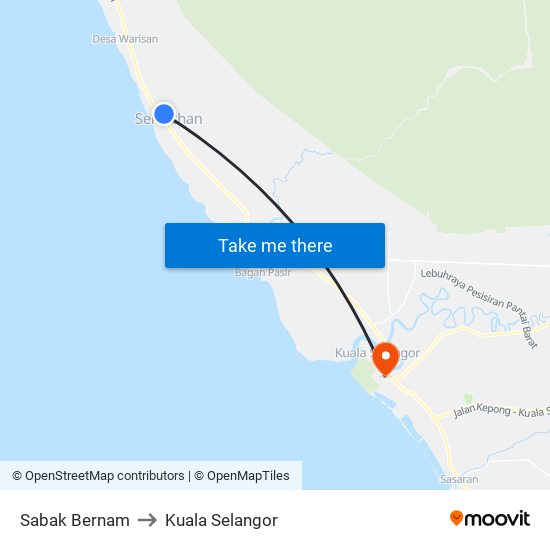 Sabak Bernam to Kuala Selangor map