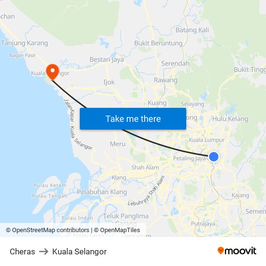 Cheras to Kuala Selangor map