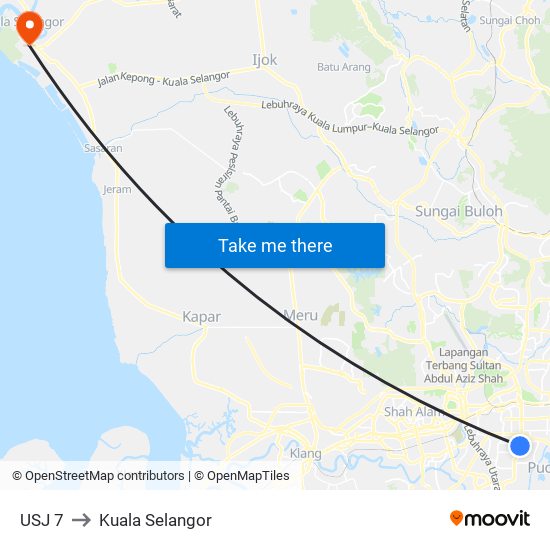 USJ 7 to Kuala Selangor map