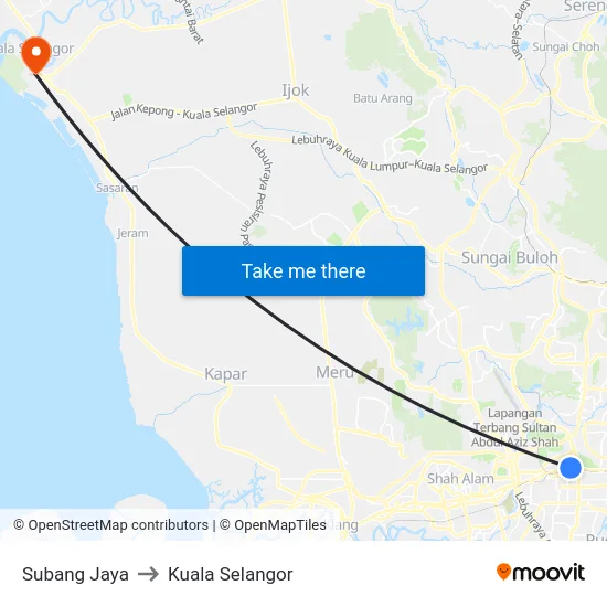 Subang Jaya to Kuala Selangor map