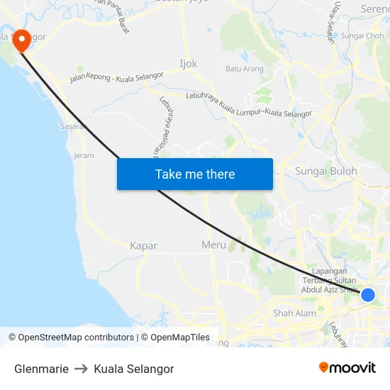 Glenmarie to Kuala Selangor map