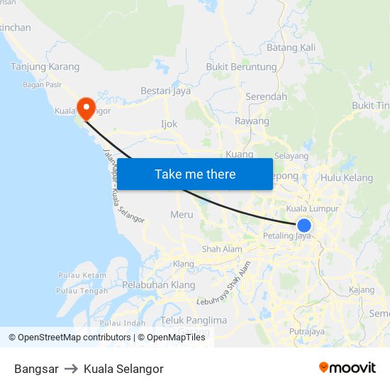 Bangsar to Kuala Selangor map