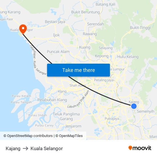 Kajang to Kuala Selangor map