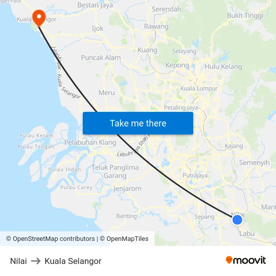 Nilai to Kuala Selangor map