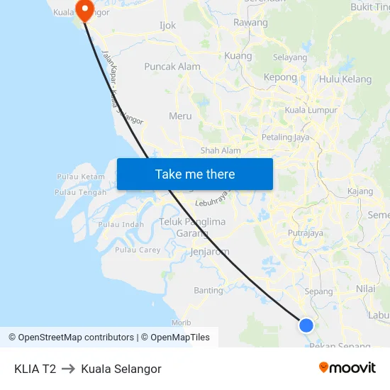 KLIA T2 to Kuala Selangor map