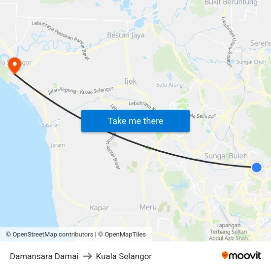 Damansara Damai to Kuala Selangor map